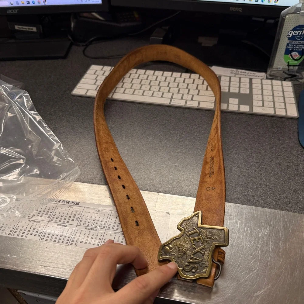 Genuine Leather Floral Tooled Belt Mens 40 Tan Good Texas Buckle Western Cowboy